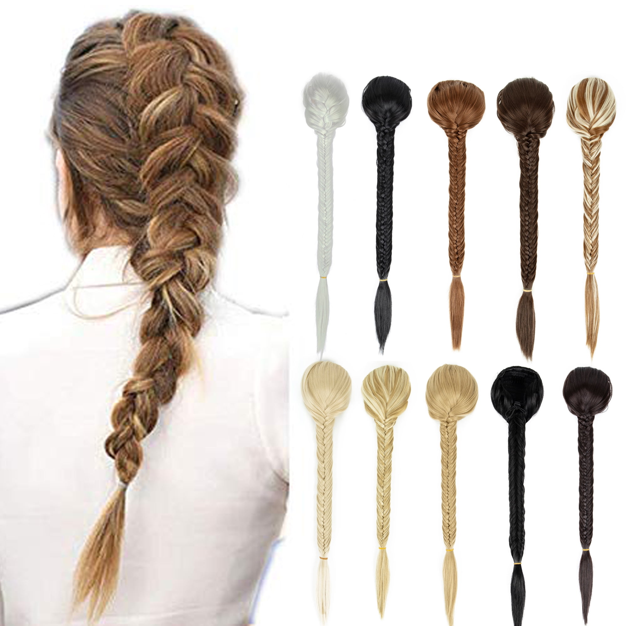 SAYFUT Braiding Hair Clip in Hair Extension Synthetic Ponytail Fishtail  Braid Hairpiece 24inch Long Hair Extension Natural Hairpiece 