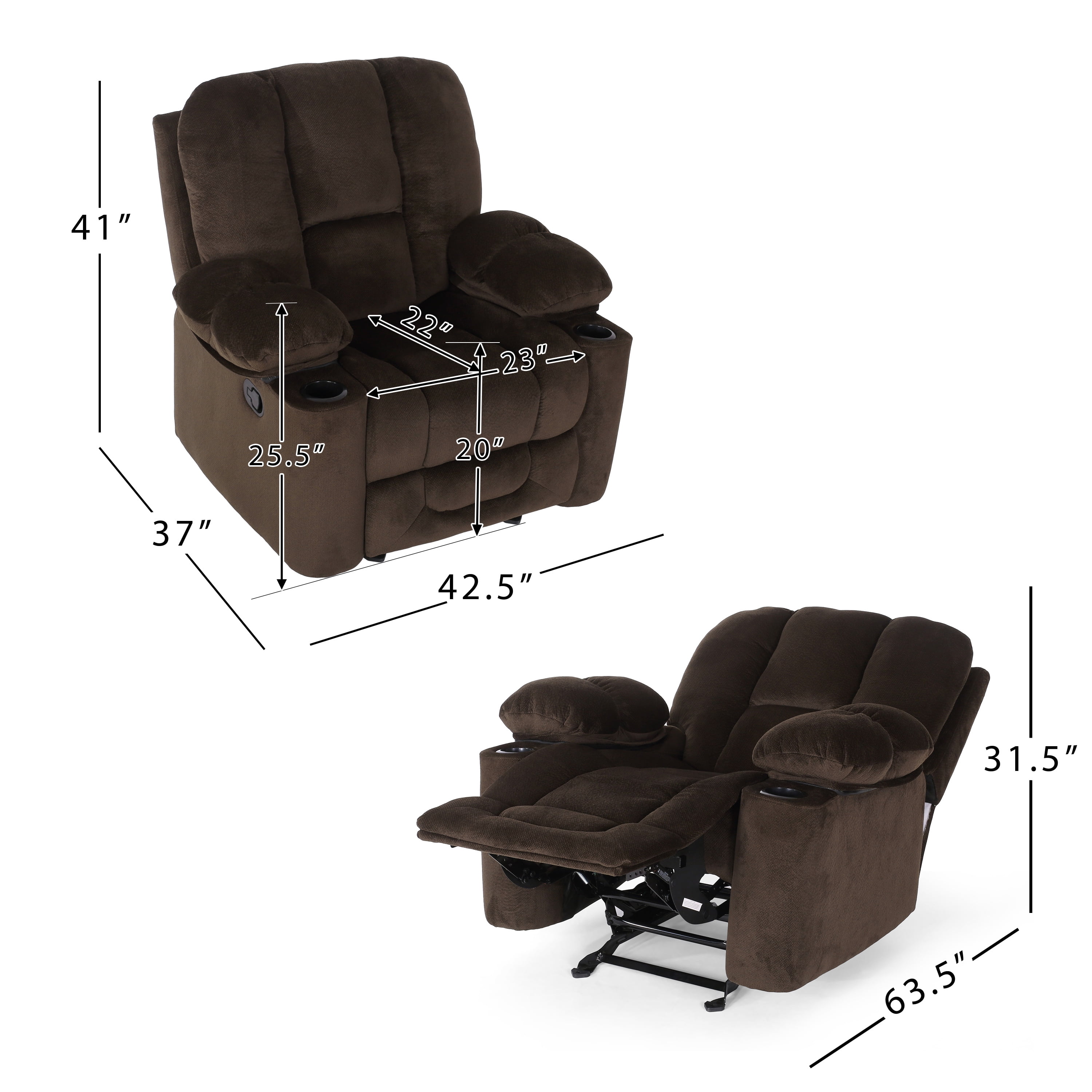 Euroco Luxurious Manual Recliner Chair in Chocolate with Skin-Friendly Fabric and Dual Cup Holders