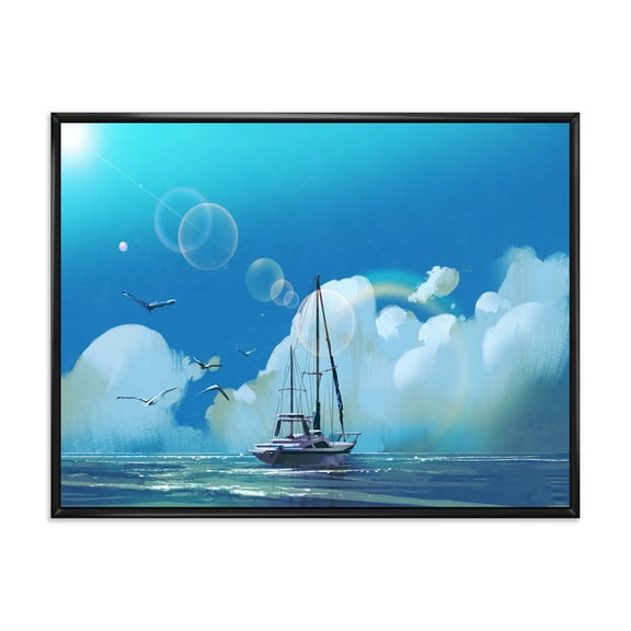 Designart 'The Sailboat On The Blue Sea Against Summer Clouds Sky' Nautical & Coastal Framed Canvas Wall Art Print