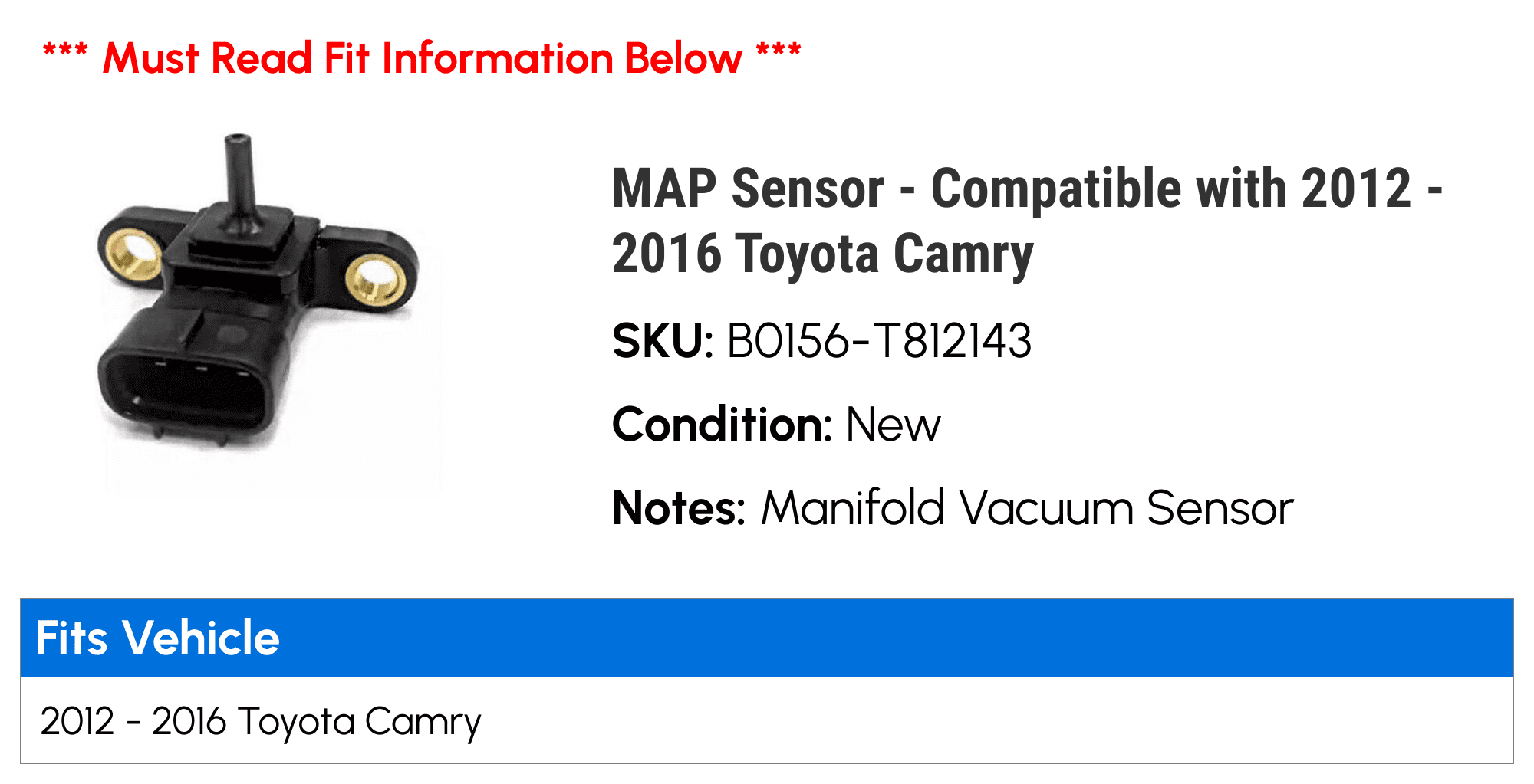 MAP Sensor - Compatible with 2012 - 2016 Toyota Camry 2013 2014 2015