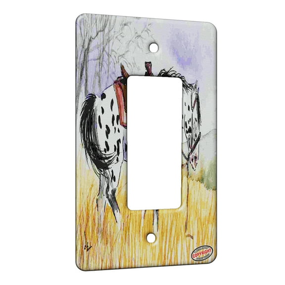 KuzmarK™ 1 Gang Rocker Wall Plate - Black Leopard Appaloosa Trail Horse Art by Denise Every