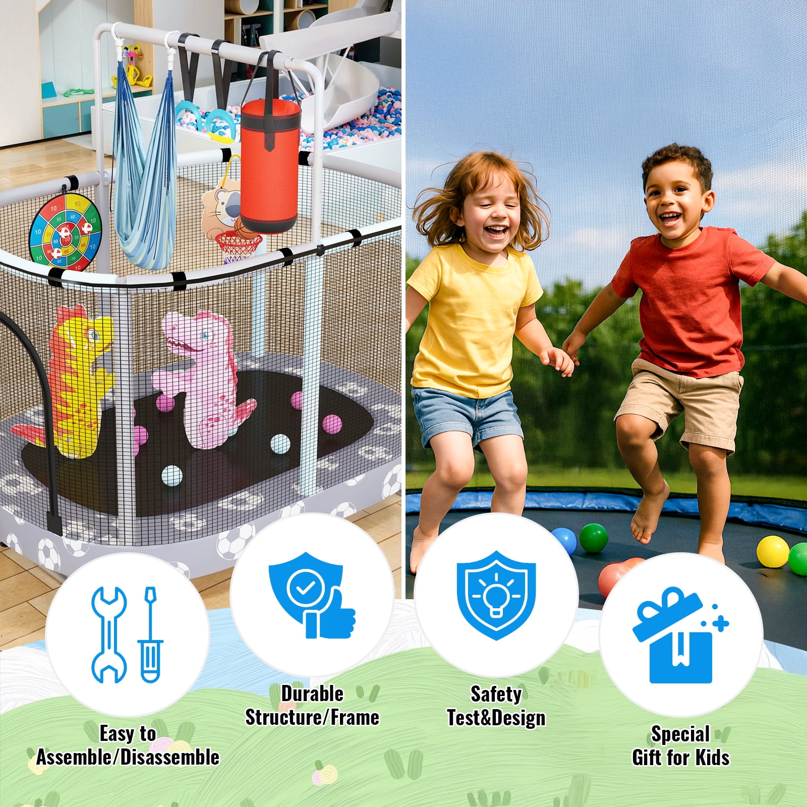 Baxluxe 60" Kids Trampoline 7-in-1, Elliptic Toddler Trampoline with Safety Enclosure Net, Height Adjustable Handrail & 500lbs Capacity, Mini Bouncer with Swing for Age 3-8, Gray Football
