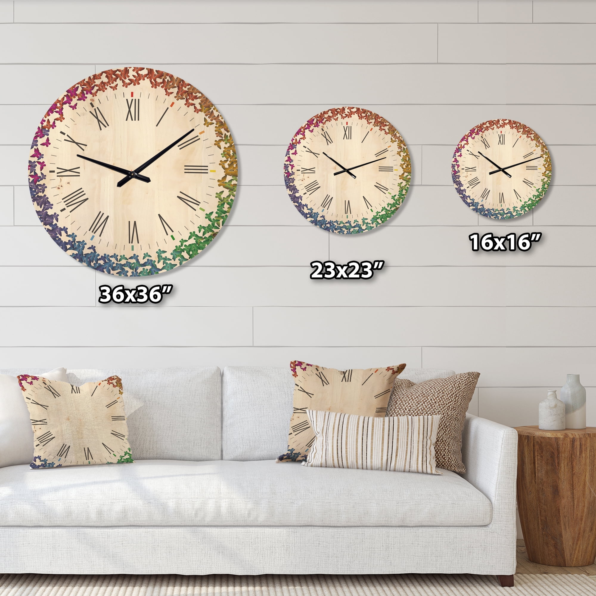Designart 'Rainbow Butterfly Origami On White' Farmhouse Wood Wall Clock