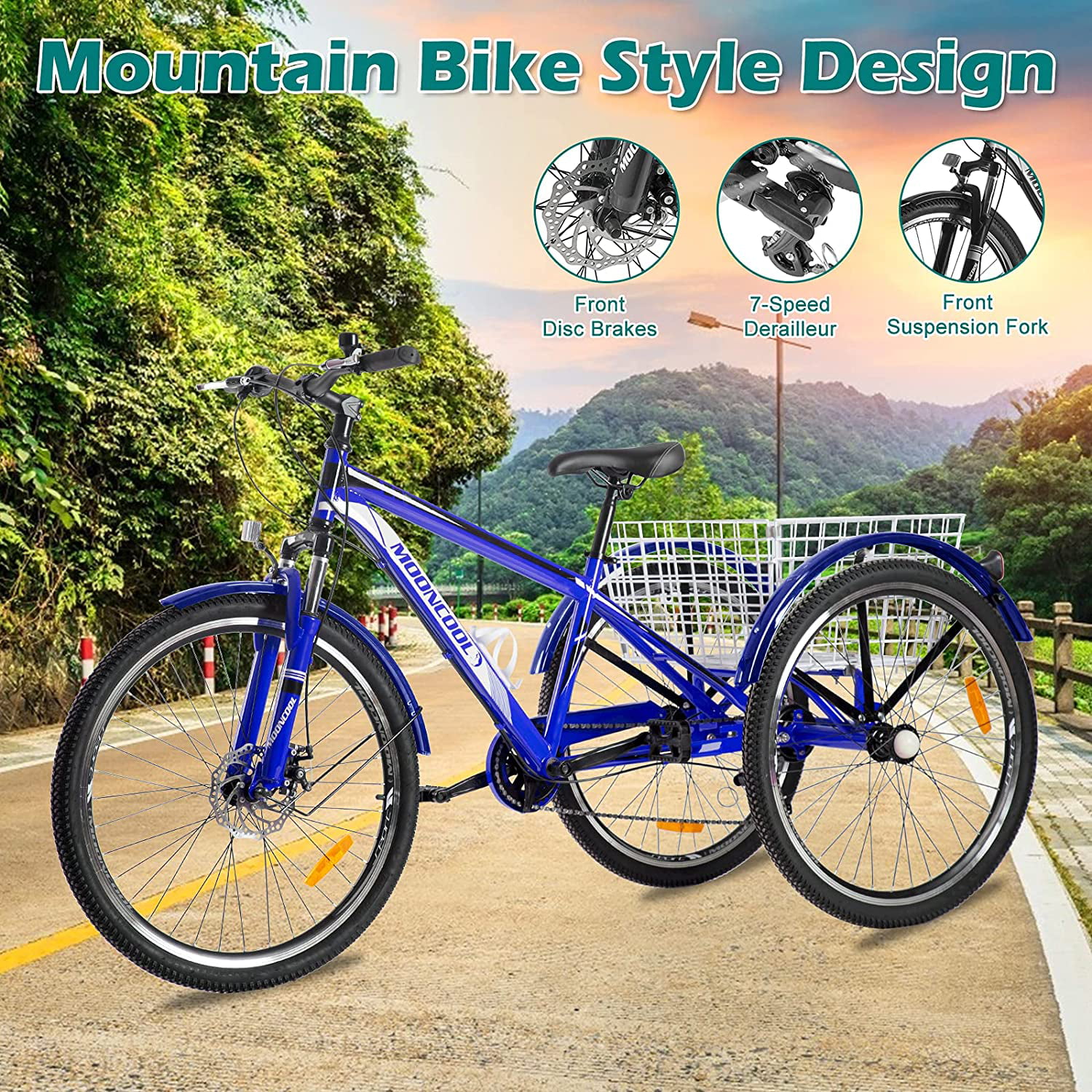 Purple Tricycle 24" Mountain Trike 7-Speed MTB Bike For Women/Beginner w/Basket 