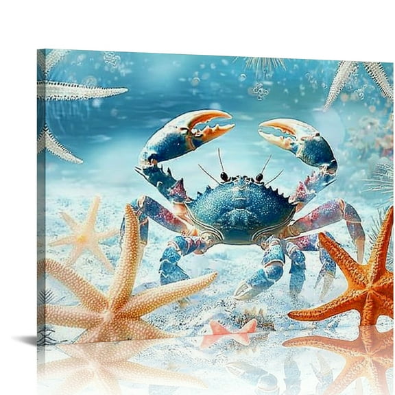 Patifu Ocean Canvas Wall Art Art Prints, Watercolor Blue Crab Starfish Paintings, Summer Coral Flower Home Decor Living Room Office Wall Decor Ready to Hang Canvas Prints Artwork 20x16in