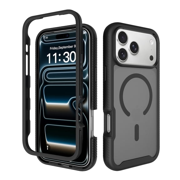 ELEHOLD Full Body Case for iPhone 17 Pro Max, 360 Shockproof Semi-Transparent Matte Black Cover with Front Frame, Compatible MagSafe Accessories,Black