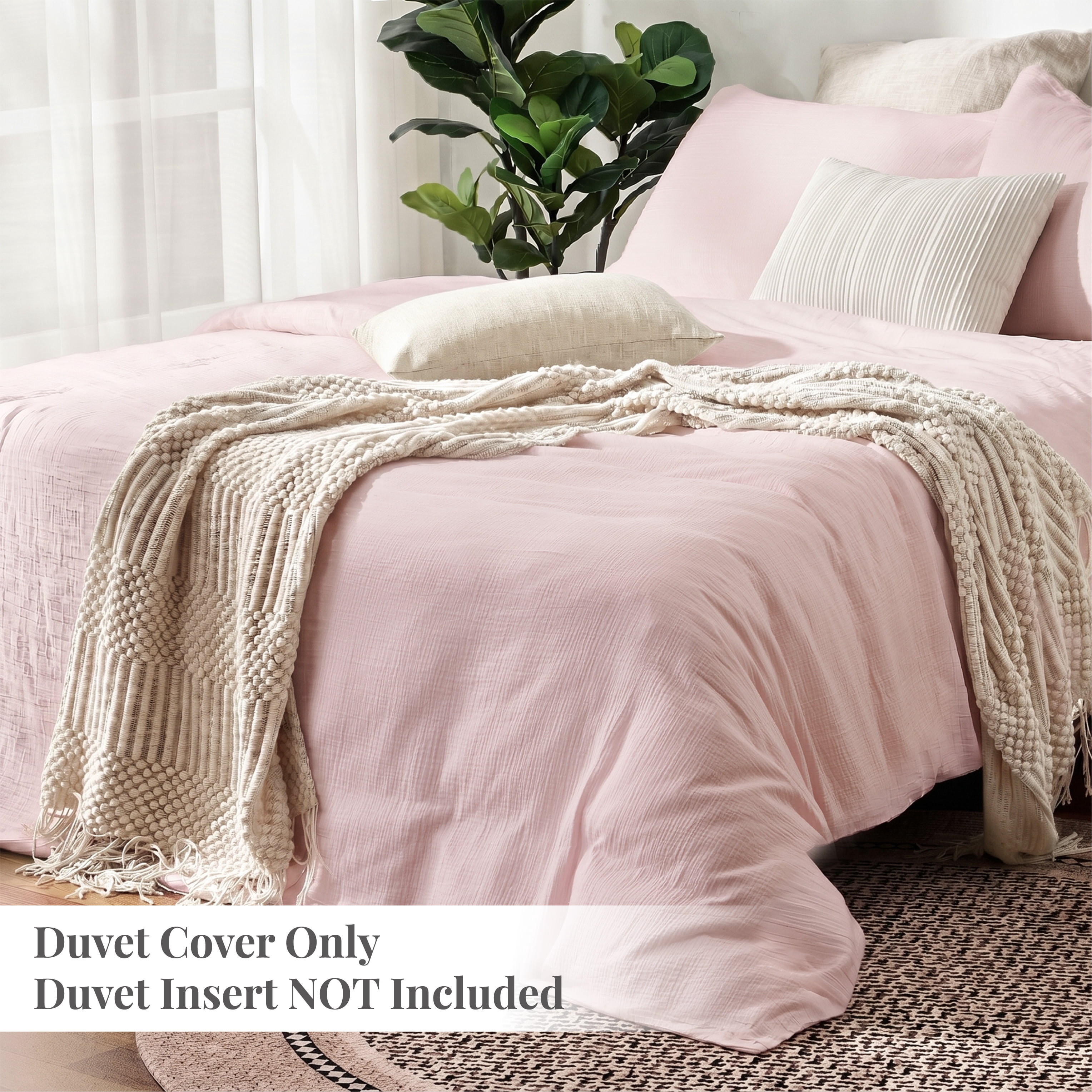 TechForma 100% Cotton Duvet Cover Set, Pink Double Layer Gauze Bed Set, 3 pcs Breathable & Crisp Soft Duvet Cover Set,King