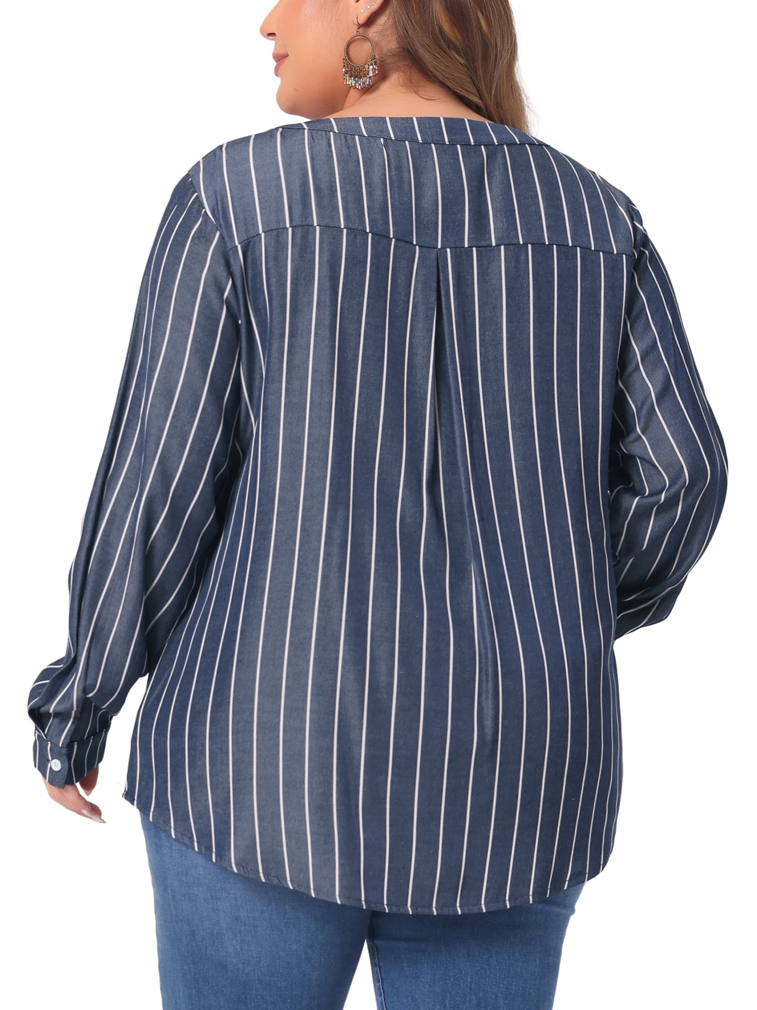 DARING DIVA Women's Plus Size Long Sleeve Button Down Blouse 2X Black Blue