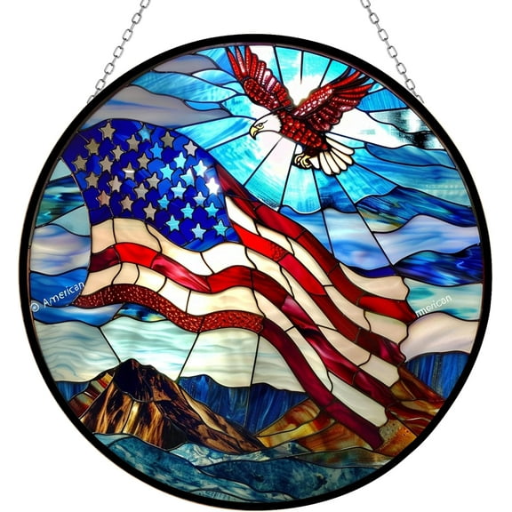 American Flag Stained Glass Window Hanging Customized Suncatcher Glass Panel with Metal Chain Sun Catchers Wall Art Home Decor Gift for Women Mother's Day