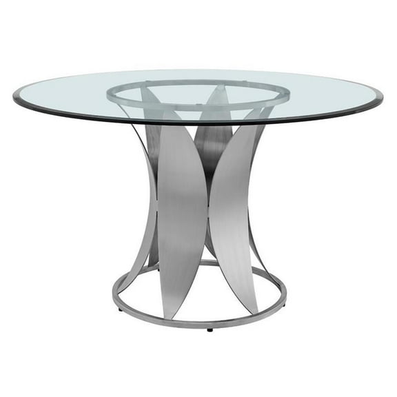 Pemberly Row Round Stainless Steel/Glass Dining Table in Chrome/Clear