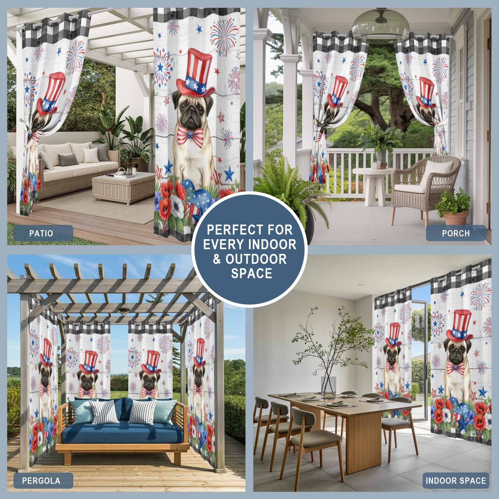 Independence Day Outdoor Curtains for Patio, Cartoon Pug Dog Cute Puppy Colorful Poppy Wood Grain Sunshade Privacy Drapes Grommet Waterproof Outside Curtains for Porch Balcony 54"x108", 2 Panel