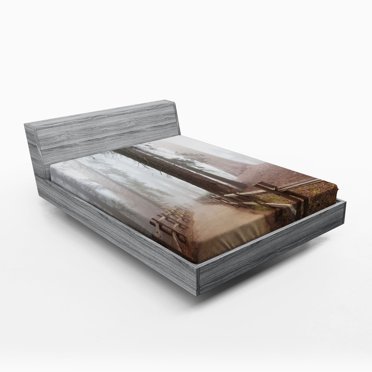 Ambesonne Nature Fitted Sheet, Forest in Foggy Morning, Full Size, Grey Brown