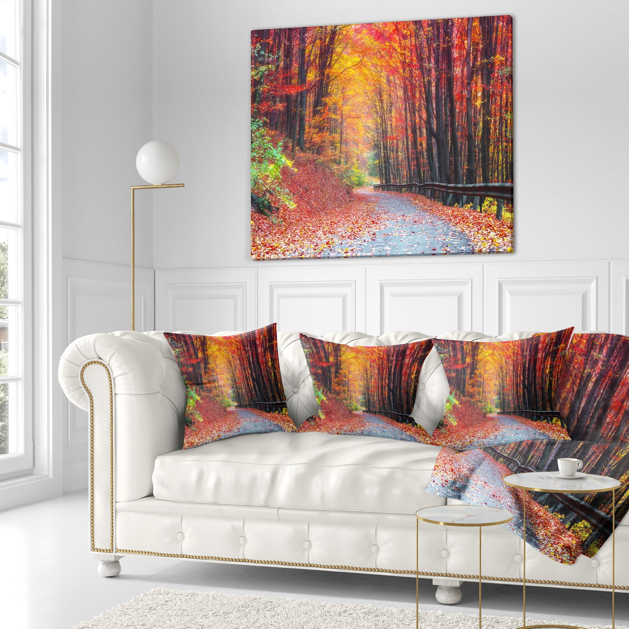 Designart Road in Beautiful Autumn Forest - Modern Forest Throw Pillow - 16x16
