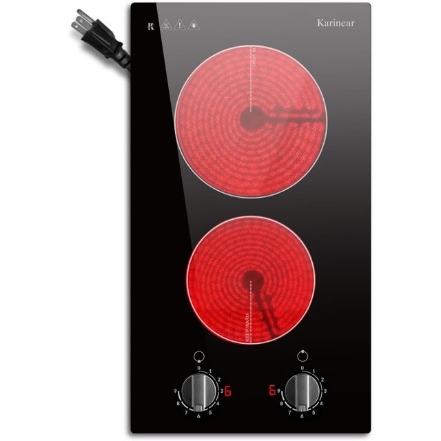 Karinear 110V Electric Cooktop 2 Burners - Efficient Knob Control Countertop & Built-in Ceramic Cooktop for Precise Cooking, 9 Heating Levels, Hot Warning, Over-Temperature Protection