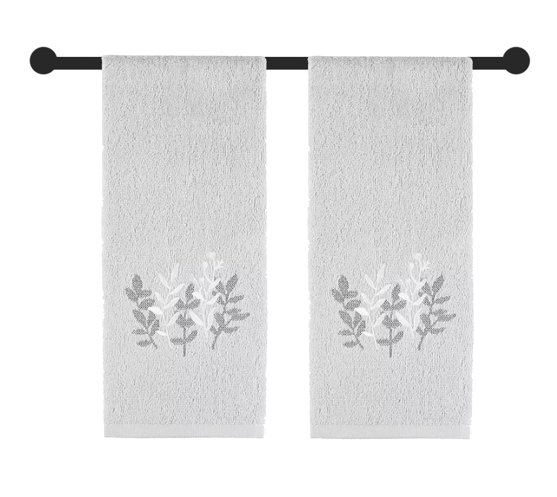 Gray Leaves Bath Hand Towels, 2 Piece, Embroidery Stems Bathroom The Big One