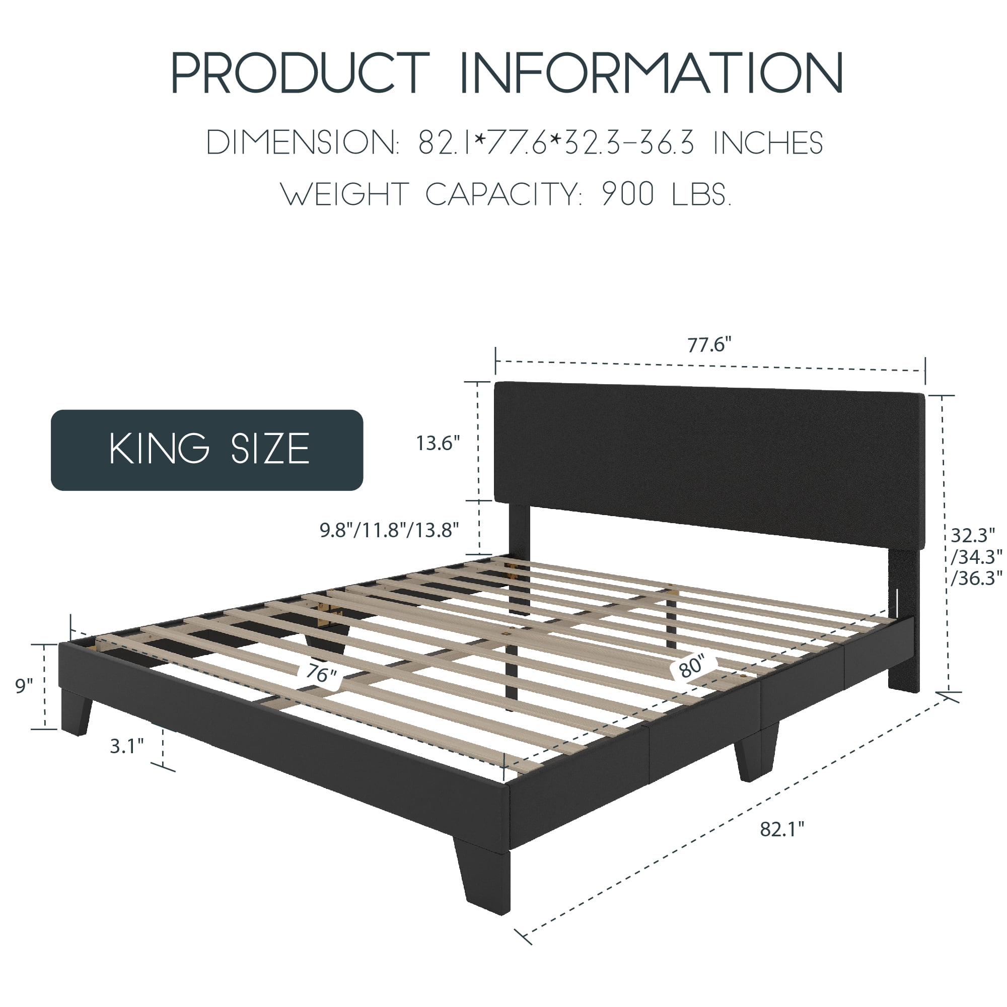 Einfach King Size Black Leather Upholstered Bed Frame with Adjustable Headboard, No Box Spring Needed, Low