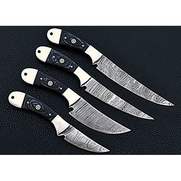 4 pieces Damascus steel fillet knife set, over all 40" long knives set with Black wood scale and steel bolsters, includes leather Roll bag