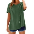 thumbnail image 2 of Women's Short Sleeve T-Shirt, Linen Blend Round Neck Blouse, Button Down Hem Casual Top, Solid Color Pullover for Everyday Wear, 2 of 6