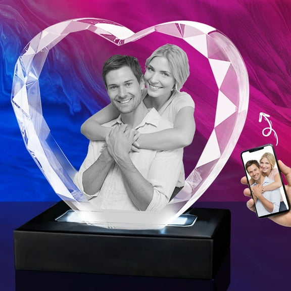 3D Crystal Photo Cut Corner Heart Shape Innovation Crystal Picture Personalized Gifts with Your Photo Customized Couples Pet Gifts with Colorful Light Base for Mom, Dad, Men, Women, Christmas (Small)