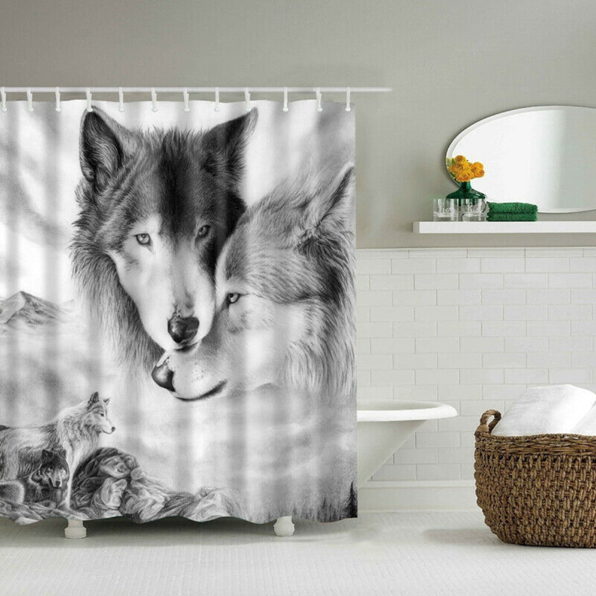 Gray Wolf 12 Hooks Shower Curtain Set Polyester Waterproof Bathroom Decor 