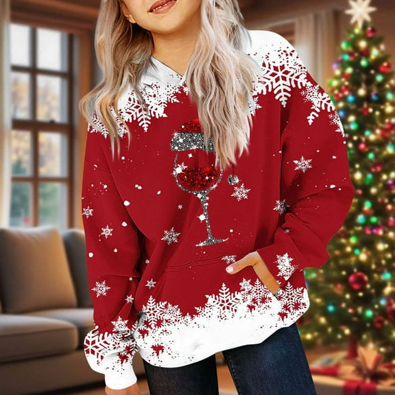 Tdoqot Girls Christmas Hoodies- Long Sleeve Cute Pullover Kids Sweatshirt Clothes Red Size 4-12