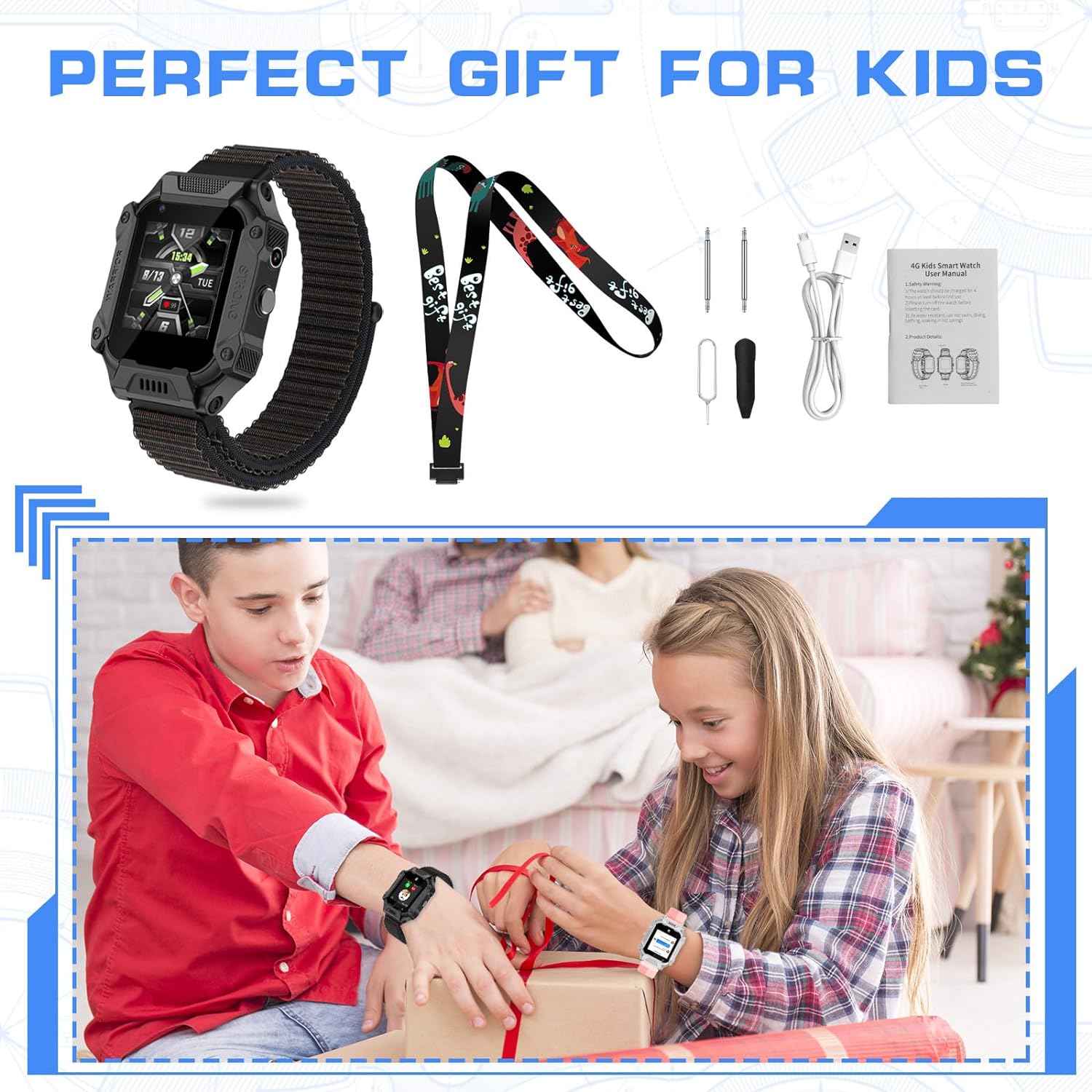 SHANNA 4G Smart Watch for Girls Boys, Smart Watch Phone with Calling, SOS, GPS, Camera, Flashlight, GPS Tracker for 3-12 Years Kids Birthday Xmas Gift, Black