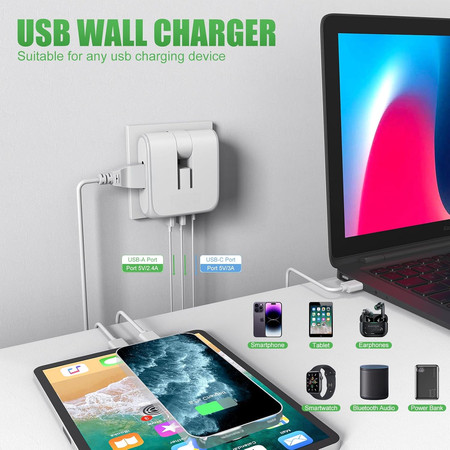 JJEAN-Flat Wall Outlet Extender with USB Charging Ports, 180° Swivel Power Strip 2 USB Ports, 2 Prong Folding Plug for Tight Spaces, Type A Ultra Thin Design (White)