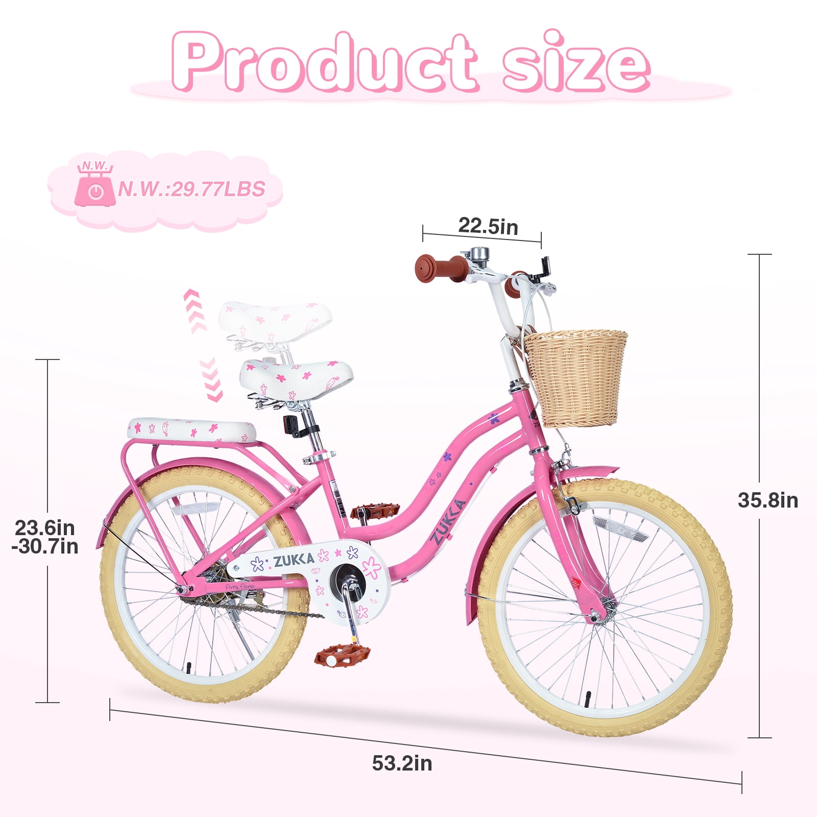 Aukfa 20" Girls Bike for Ages 7-10, Carbon Steel Frame Kids Bicycle,Woven Basket and Dual Brakes, Pink