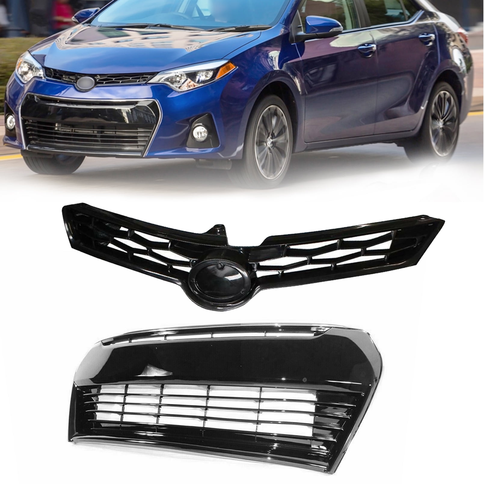 Front Bumper Grill Grille Assembly Fit For 2014 2015 2016 Toyota Corolla S, Black With Chrome Trim (Upper & Lower Grille)