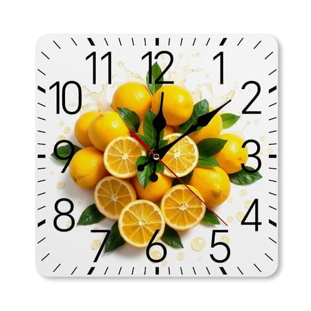 RKSupls 10×10inch Square Silent Wall Clock Wooden Frame, Lemon Fruit Fresh Scale Decorative Clock for Home Bedroom Living Room Office