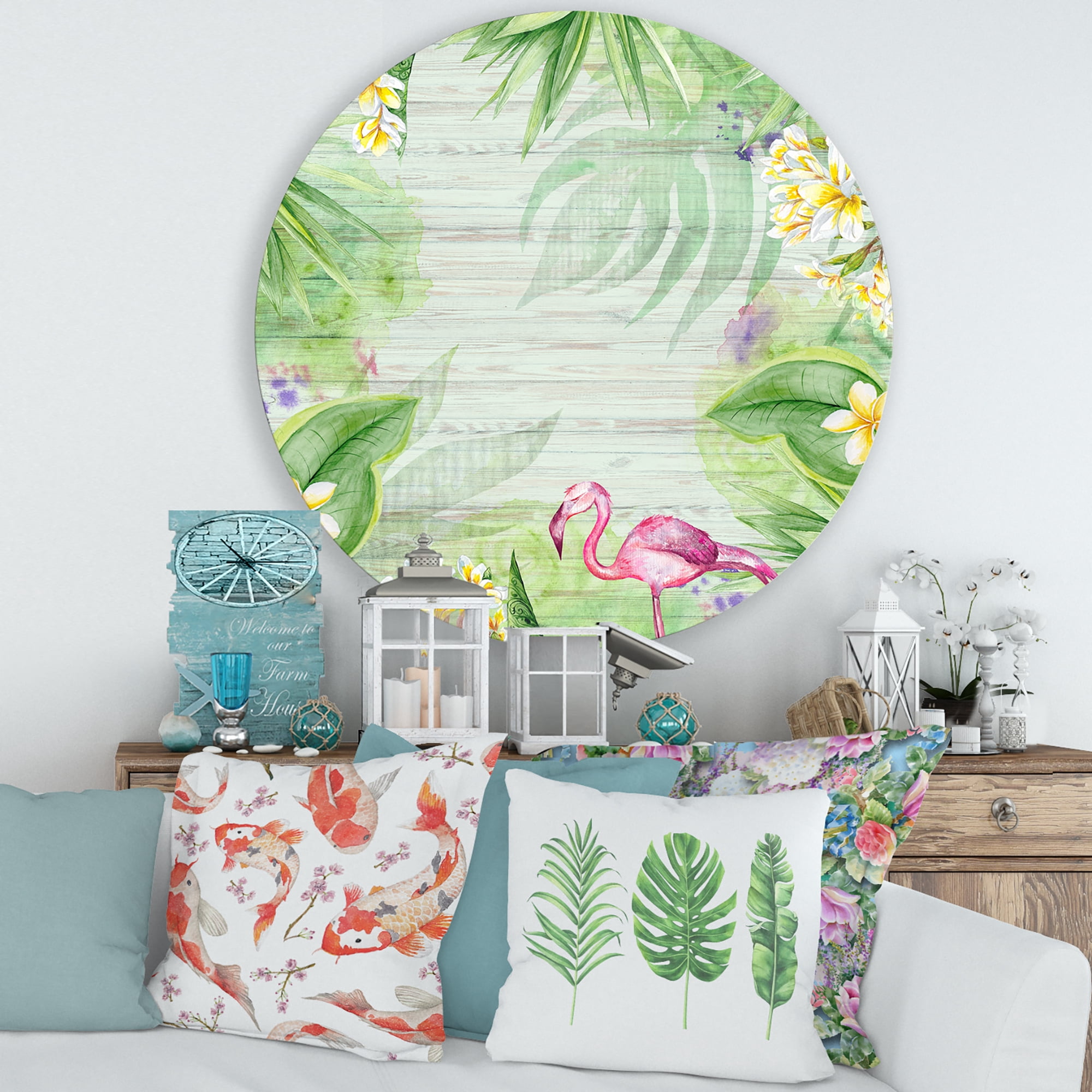 Designart 'Yellow Flowers, Tropical Foliage With Flamingo I' Modern Circle Metal Wall Art 36x36 - Disc of 36