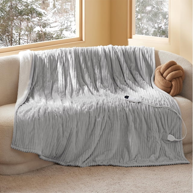 Manta eléctrica Bedsure Twin Soft, franela acanalada, gris