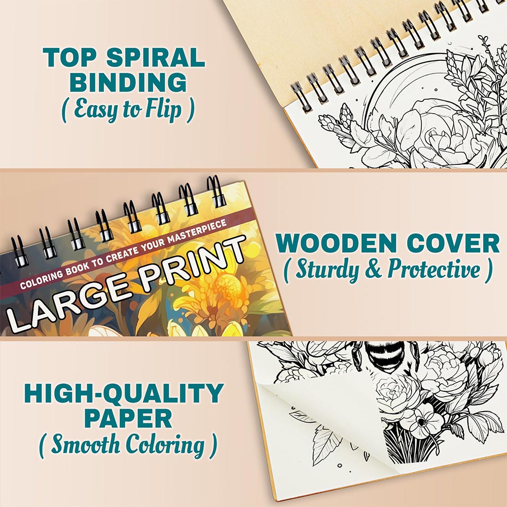 Netecom Large Print Bee and Flowers Coloring Book Spiral Bound For Adults, A5 Wooden Cover, 30 Beautiful Coloring Pages in Bees and Blooming Flowers for Stress Relief and Relaxation
