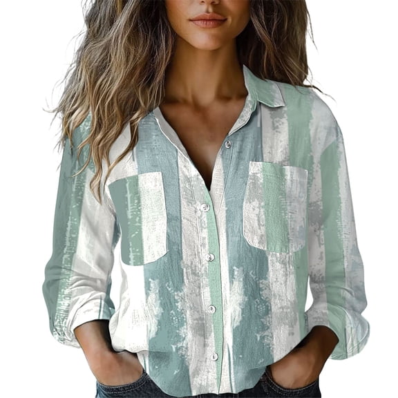 Womens Spring Summer Shirts Cotton Printed Fashion Button Down Casual Long Sleeve Shirts for Women
