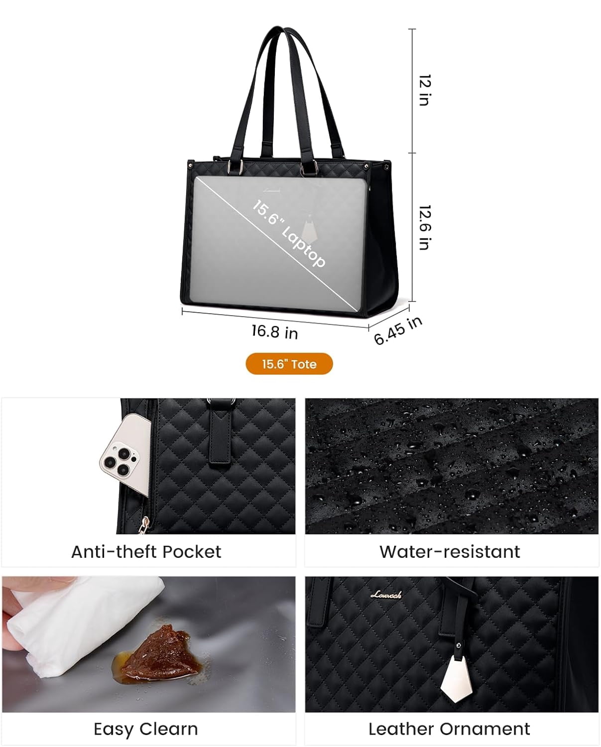 DLD Lunch Tote Bag for Women, 15.6 Inch Laptop Bag with Insulated Lunch Compartment, Quilted Large Capacity Computer Handbag with Purse for Business, Work, Nurse, Office, Collage, Casual, Black