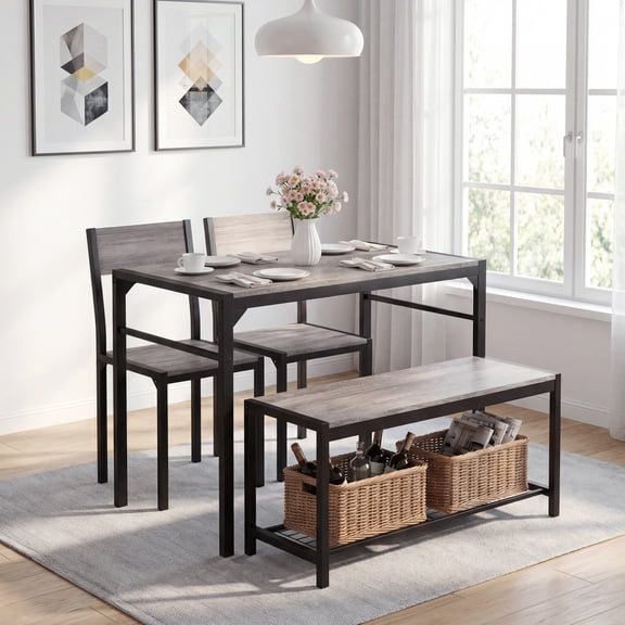 Dining Table Set for 4 with Bench, Space-Saving Kitchen Table Set, Easy Assembly Dining Room Furniture for Kitchen, Apartment, Small Space, Gray