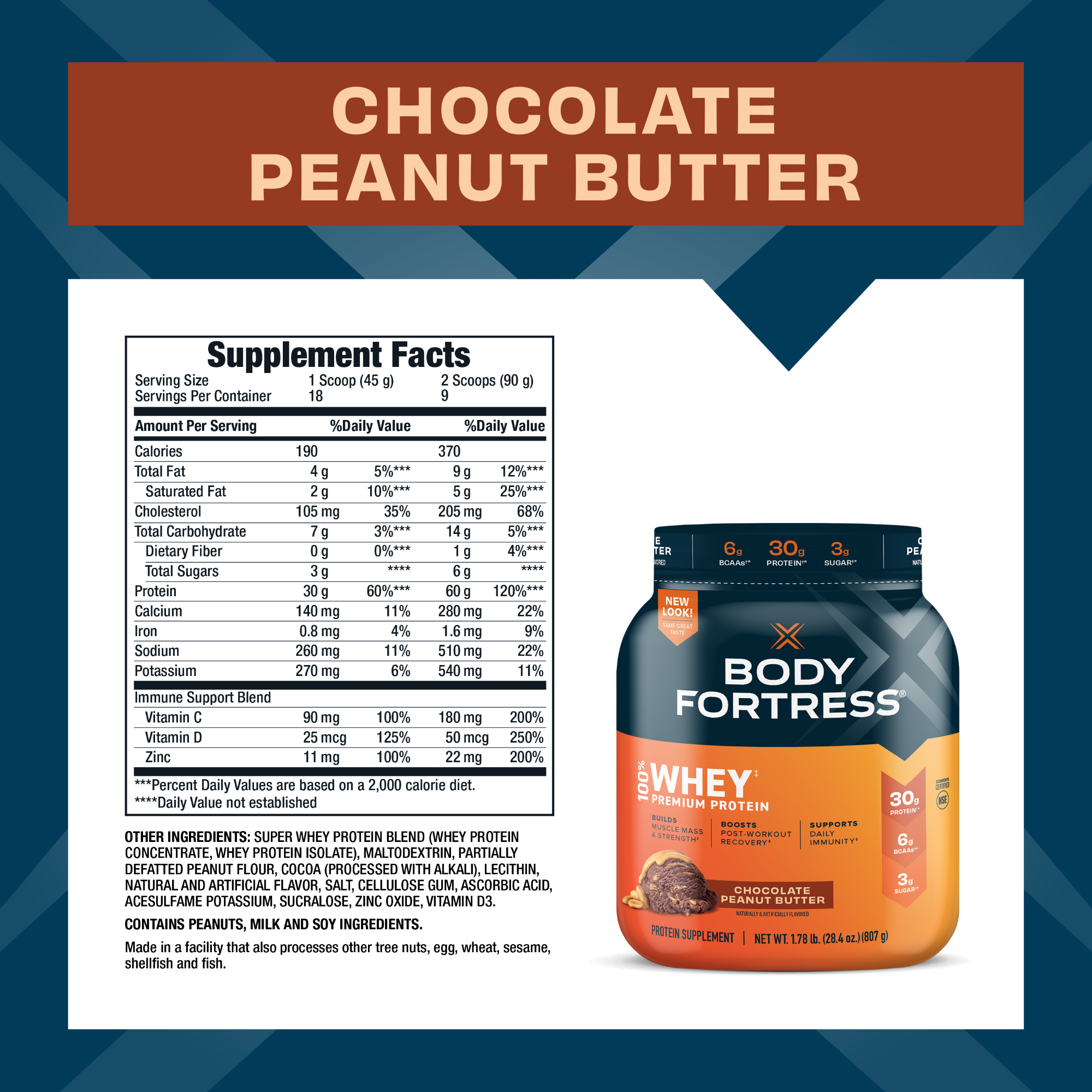 Body Fortress 100% Whey, Premium Protein Powder, Chocolate Peanut Butter, 1.78lbs (Packaging May Vary) - image 3 of 8