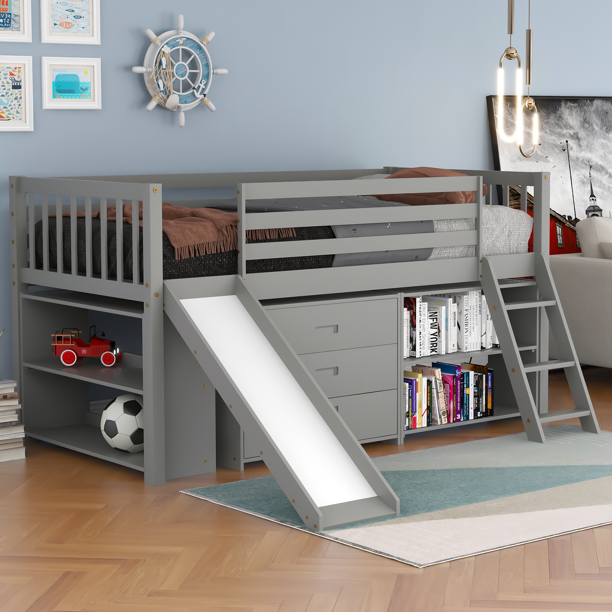 Euroco Wood Twin Size Low Loft Bed with Bookcase, Drawers, Ladder and Slide, Gray - image 2 of 12