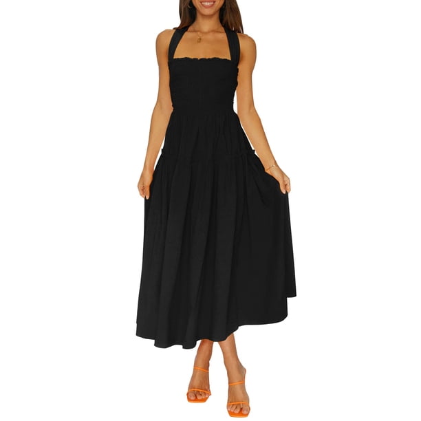 VISgogo - Vestido sin mangas para mujer, color sólido/estampado, busto fruncido, escote cuadrado, espalda abierta VISgogo moda