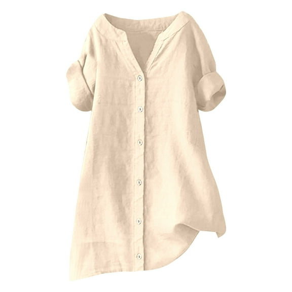 Women's Plus Size Short Sleeve V Neck Solid Shirts, Roll Up Tops with Blend Fabric