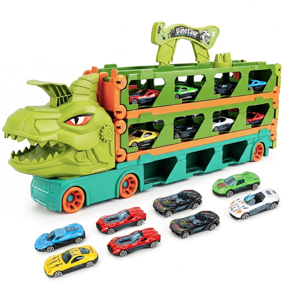 XUEYU Dinosaur Toys for Kids 3-8, Dinosaur Trucks Toy for Kids Age 3-8 with Two 6.9ft Folded Track, Ejecting Monster Truck with 8 Alloy Cars and Storage Function, Christmas Birthday Gifts for Toddler