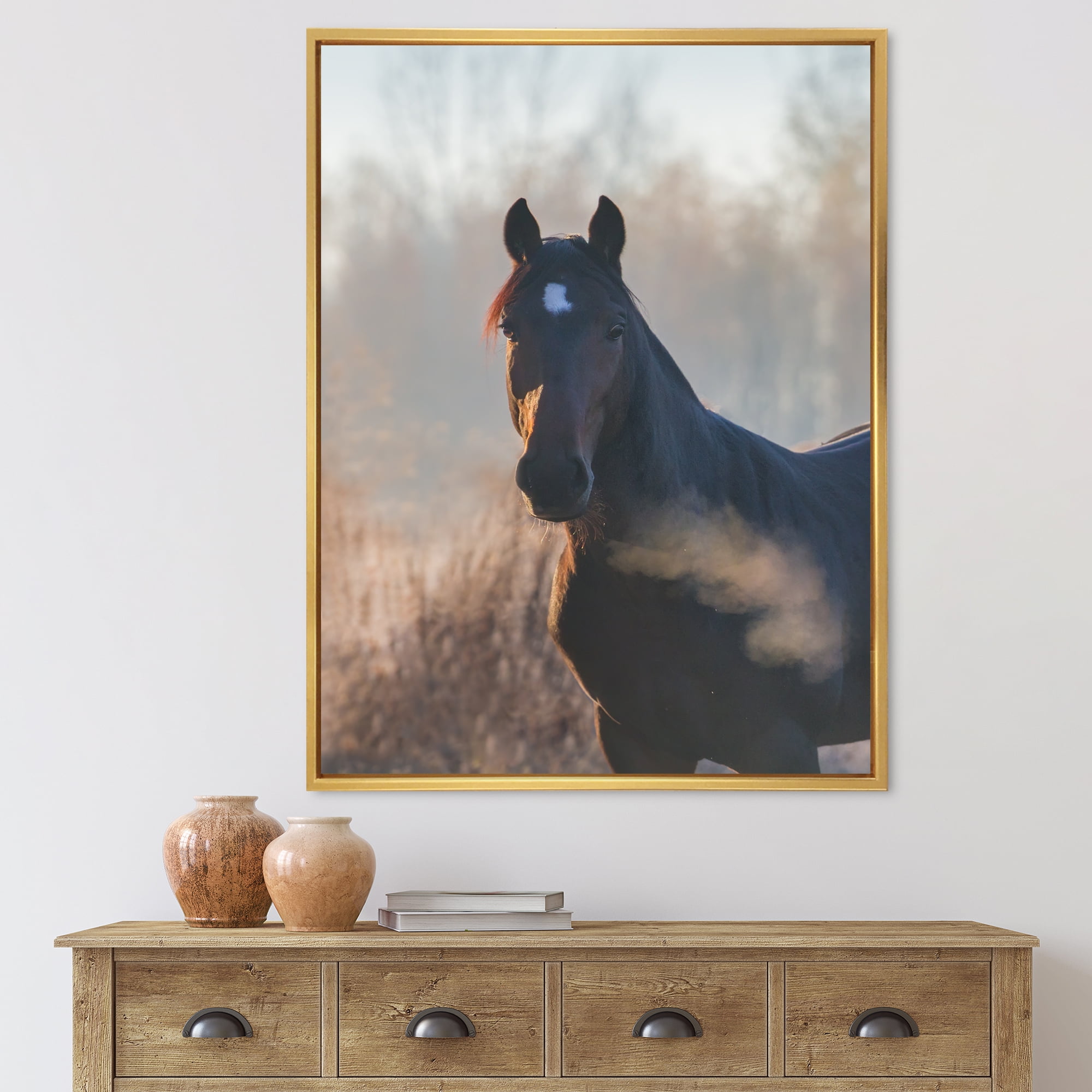 Designart 'Close Up Portrait Of A Horse On An Autumn Morning' Farmhouse Framed Canvas Wall Art Print