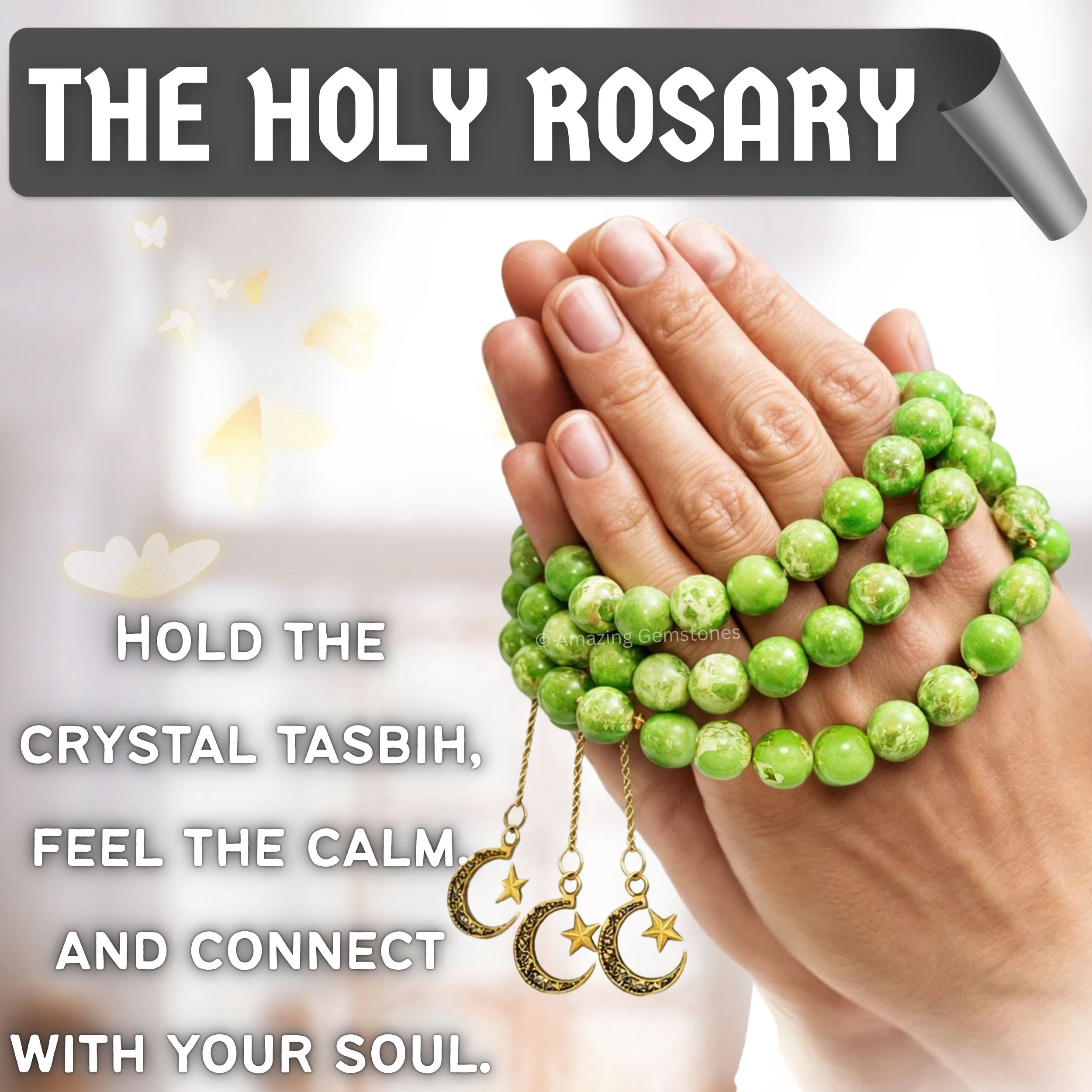 Green Turquoise Crystal Tasbeeh Prayer Beads, Muslim Islamic Tasbih for Dhikr, Namaz and Ramadan Gift (Golden)