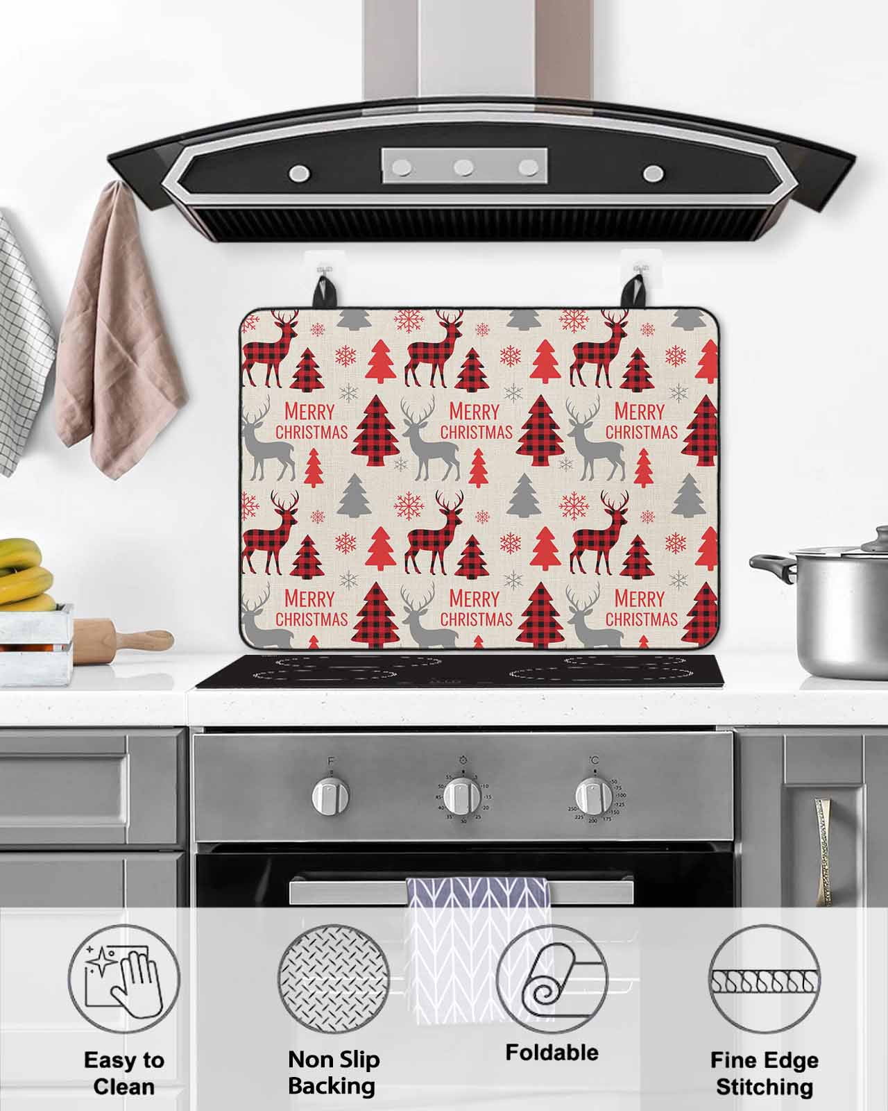 Large Induction Cooktop Protector Mat Christmas Tree Stove Top Covers for Electric Stove, Red Black Buffalo Plaid Xmas Elk Snowflake Decorative Stove Burner Cover Mats, Glass Top Stove Cover