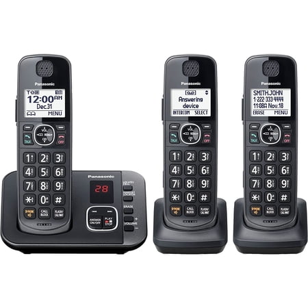 Panasonic KX-TGE633M DECT 6.0 3 Handsets Cordless Phone with Digital Answering Machine, Black, 3 Count