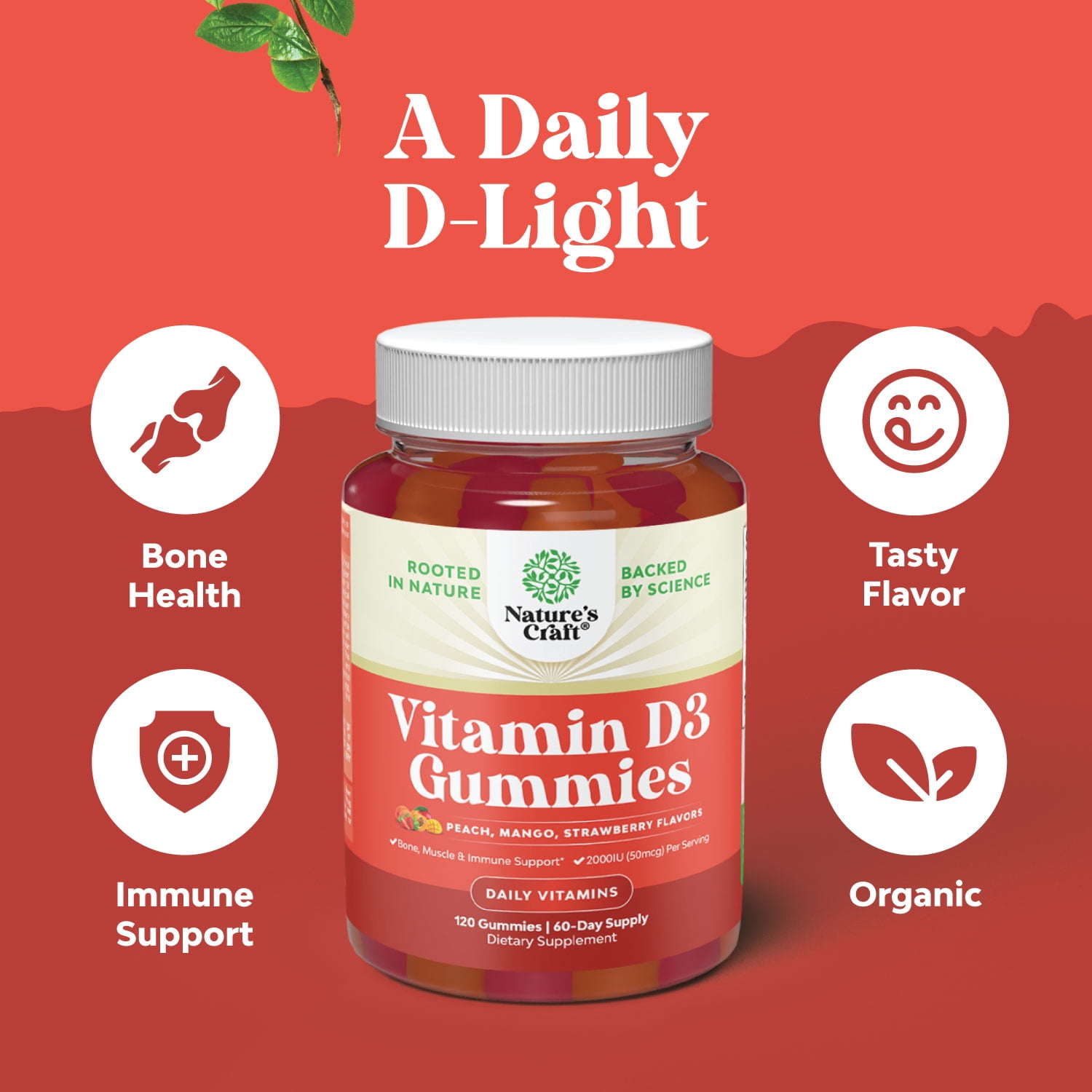 Delicious Chewable Vitamin D Gummies for Adults- Immune Support 2000IU per Serving Vitamins Plus Muscle and Bone Health - Gluten and Gelatin Free Non-GMO Fruit Flavors 120ct