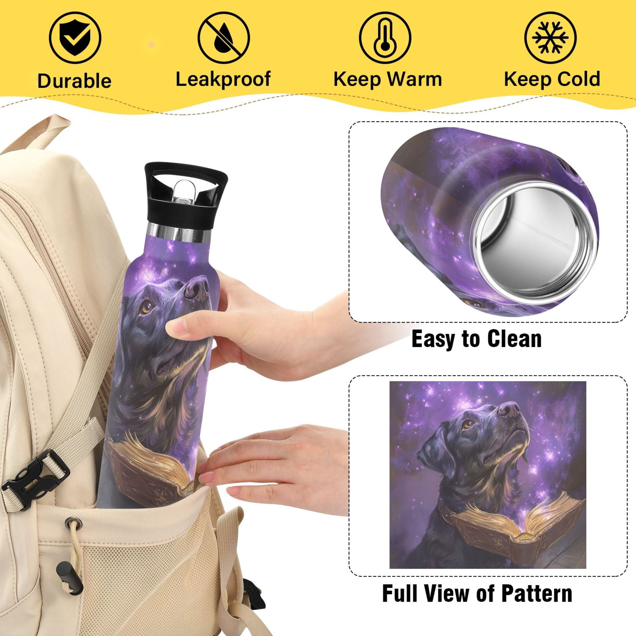 600ML Stainless Steel Insulated Cup Sports Water Bottle Portable Thermos Cup Water Glasses Insulated Tumblers Convenient and Durable Magic Book Dog