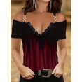 thumbnail image 4 of Camiseta Con Hombros Descubiertos Y Encaje En Contraste, Camiseta Informal Con Cuello En V Y Correa De Cadena Para Primavera Y Verano, Ropa De Mujer, 4 of 4