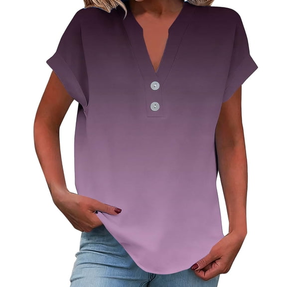 XPMWRP Women's Boho Shirts Linen-Like V Neck Gradient Color Tunic Tops Button Short Sleeve Summer Breathable Loose Vacation Blouse Dark Gray XXXL