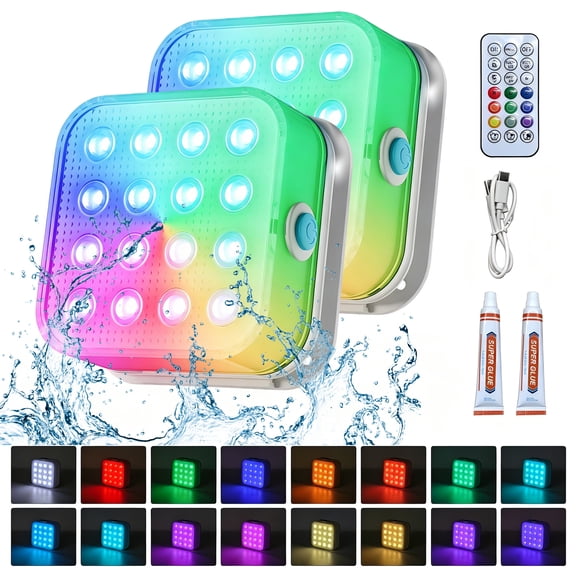iFaveorr 2 Pack Rechargeable Submersible LED Pool Lights, 16 Colors IP68 Waterproof Underwater Lights with Remote Control, 3600mAh Battery Lasts 36-48H for Swimming Pool Pond Bathtub